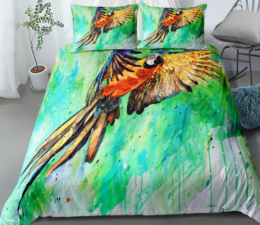 3D Parrot Green Watercolor 0015 Bed Pillowcases Quilt