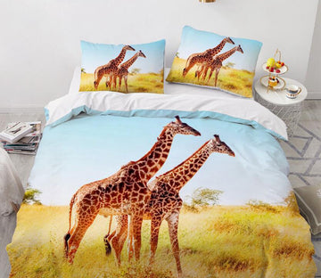 3D Two Giraffes Grassland 9102 Bed Pillowcases Quilt