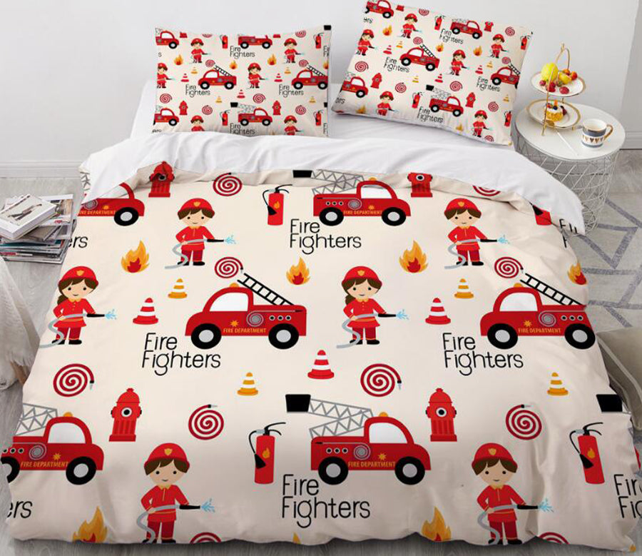 3D Cartoon Fire Truck 001 Bed Pillowcases Quilt