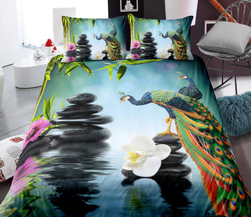 3D Water Surface Peacock Stone 0107 Bed Pillowcases Quilt