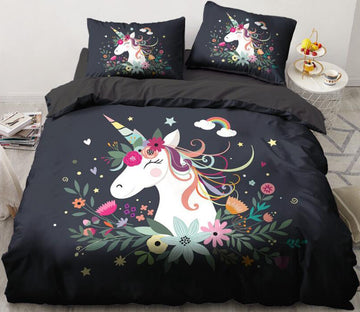3D Unicorn Flower 146 Bed Pillowcases Quilt