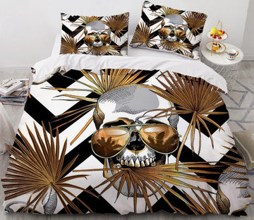 3D Skull Golden Leaf 090 Bed Pillowcases Quilt