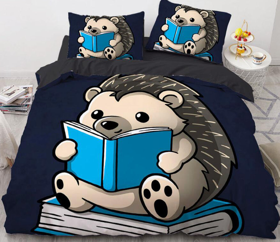 3D Cartoons Hedgehog Reading Book 8831 Bed Pillowcases Quilt