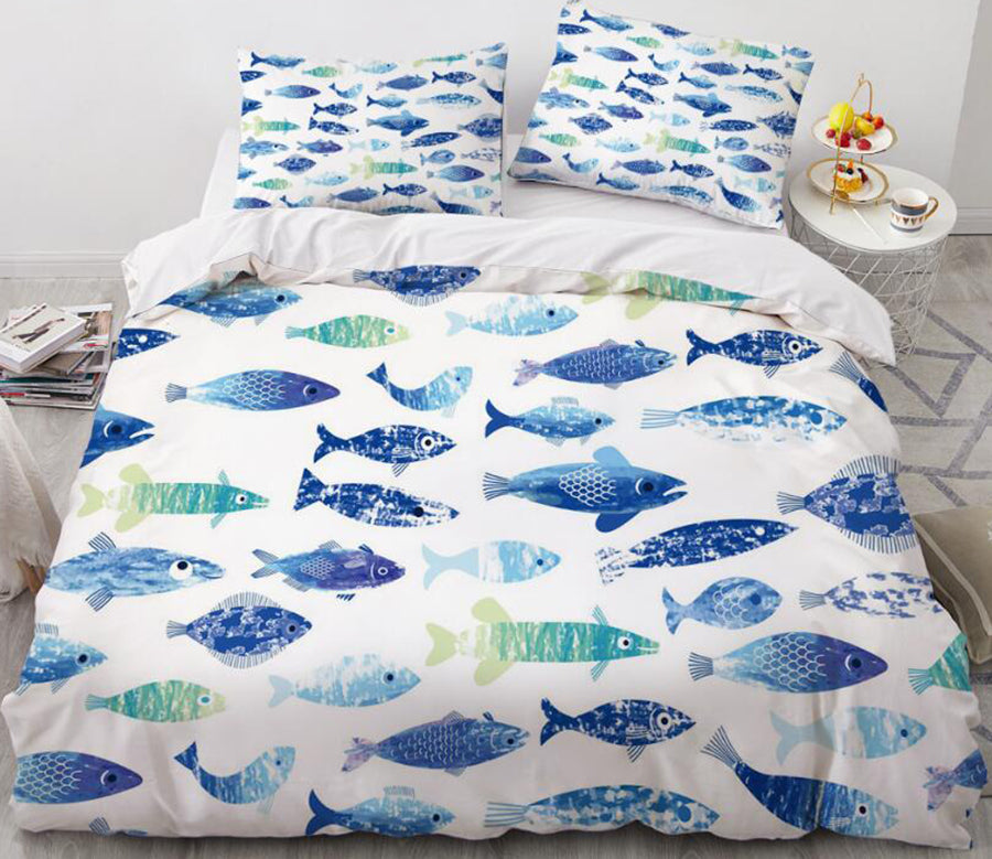 3D Cartoons Blue Fish 035 Bed Pillowcases Quilt