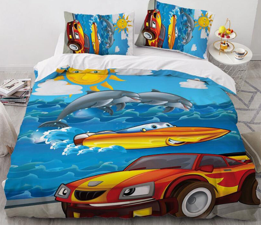 3D Cartoons Car Dolphin Sea 039 Bed Pillowcases Quilt