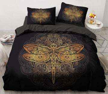 3D Gold Dragonfly Pattern 5548 Bed Pillowcases Quilt