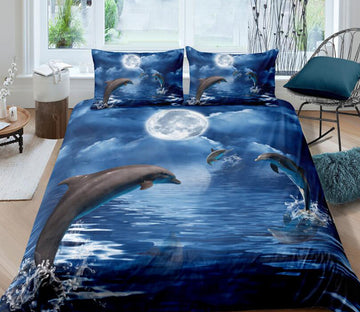 3D Dolphin Jumping Moon 8892 Bed Pillowcases Quilt