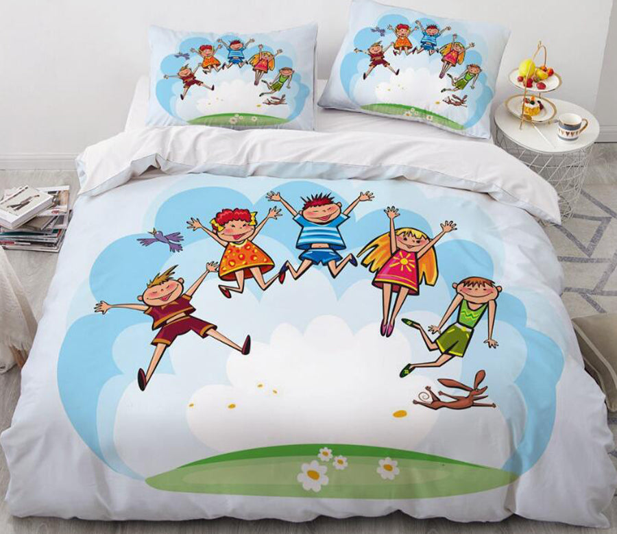 3D Cartoons Five Kids Jump 55183 Bed Pillowcases Quilt