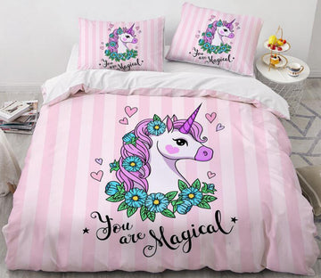 3D Pink Vertical Stripe Unicorn 176 Bed Pillowcases Quilt