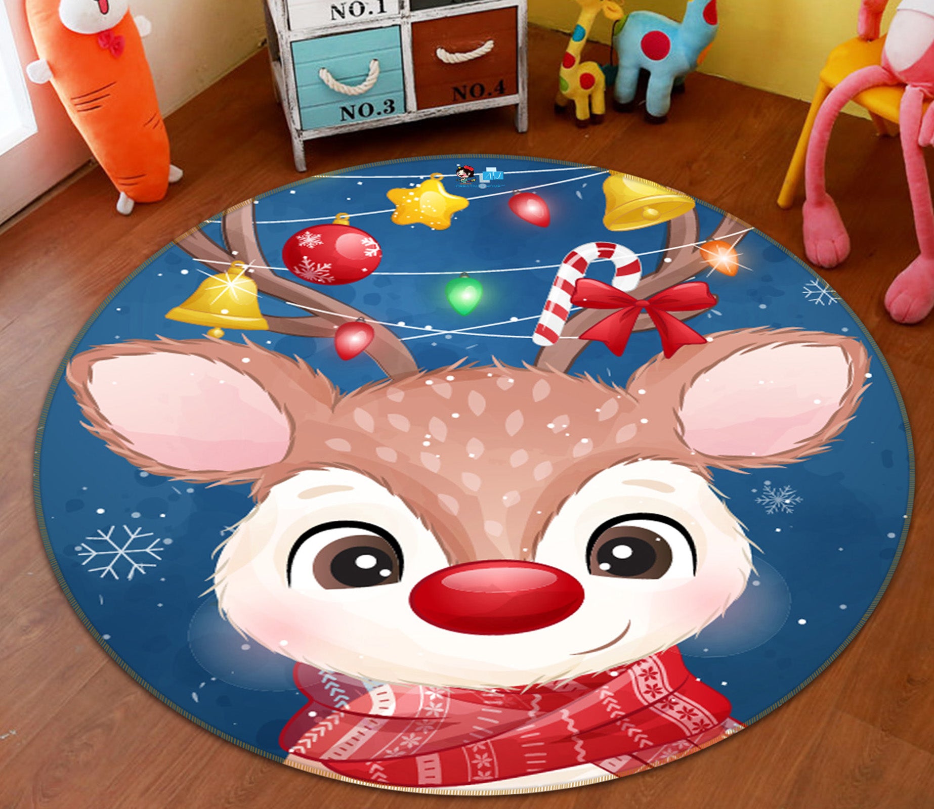 3D Deer 54106 Christmas Round Non Slip Rug Mat Xmas