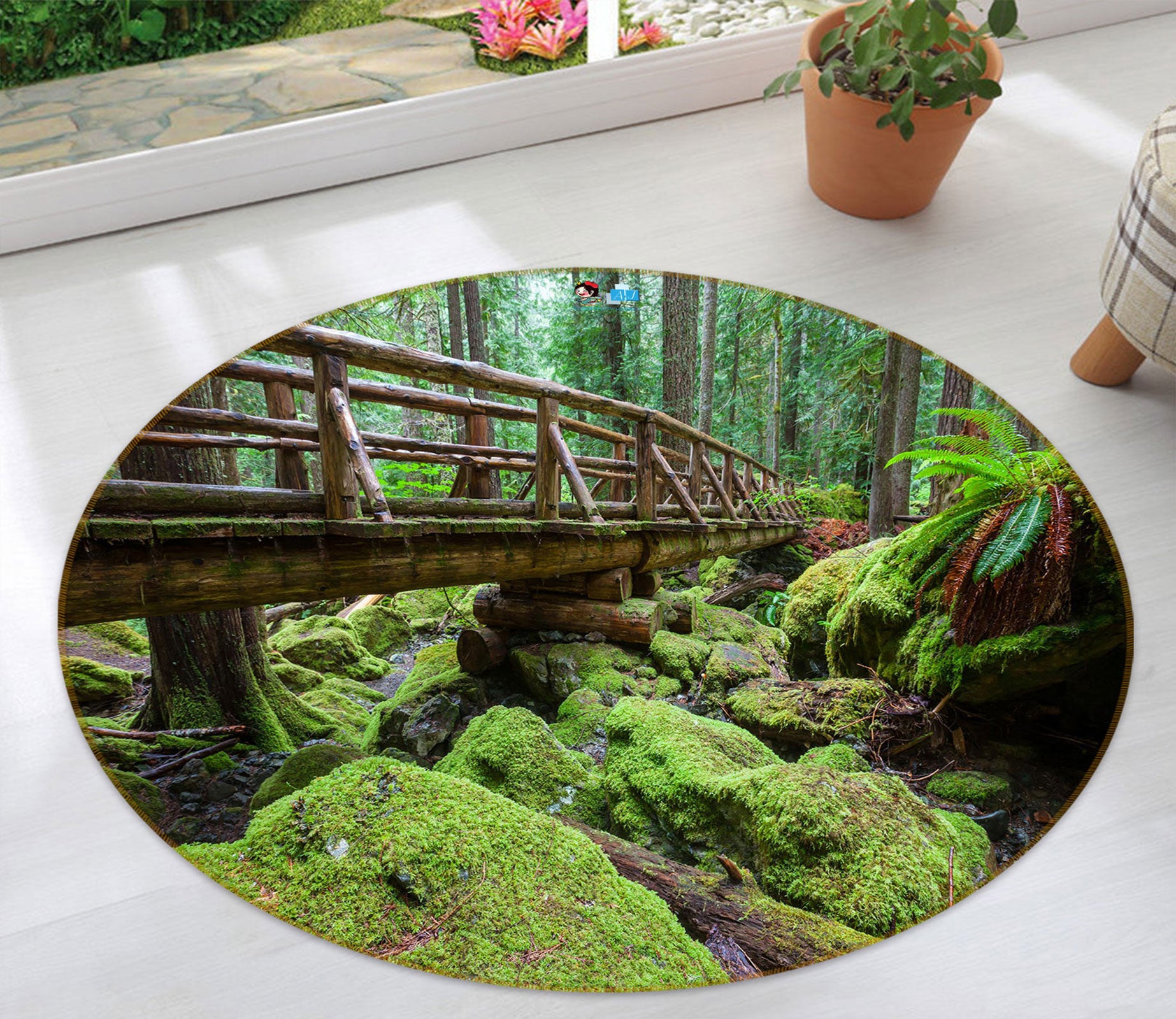 3D Wooden Bridge Jungle 80276 Round Non Slip Rug Mat