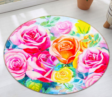 3D Pink Yellow Flowers 71222 Round Non Slip Rug Mat
