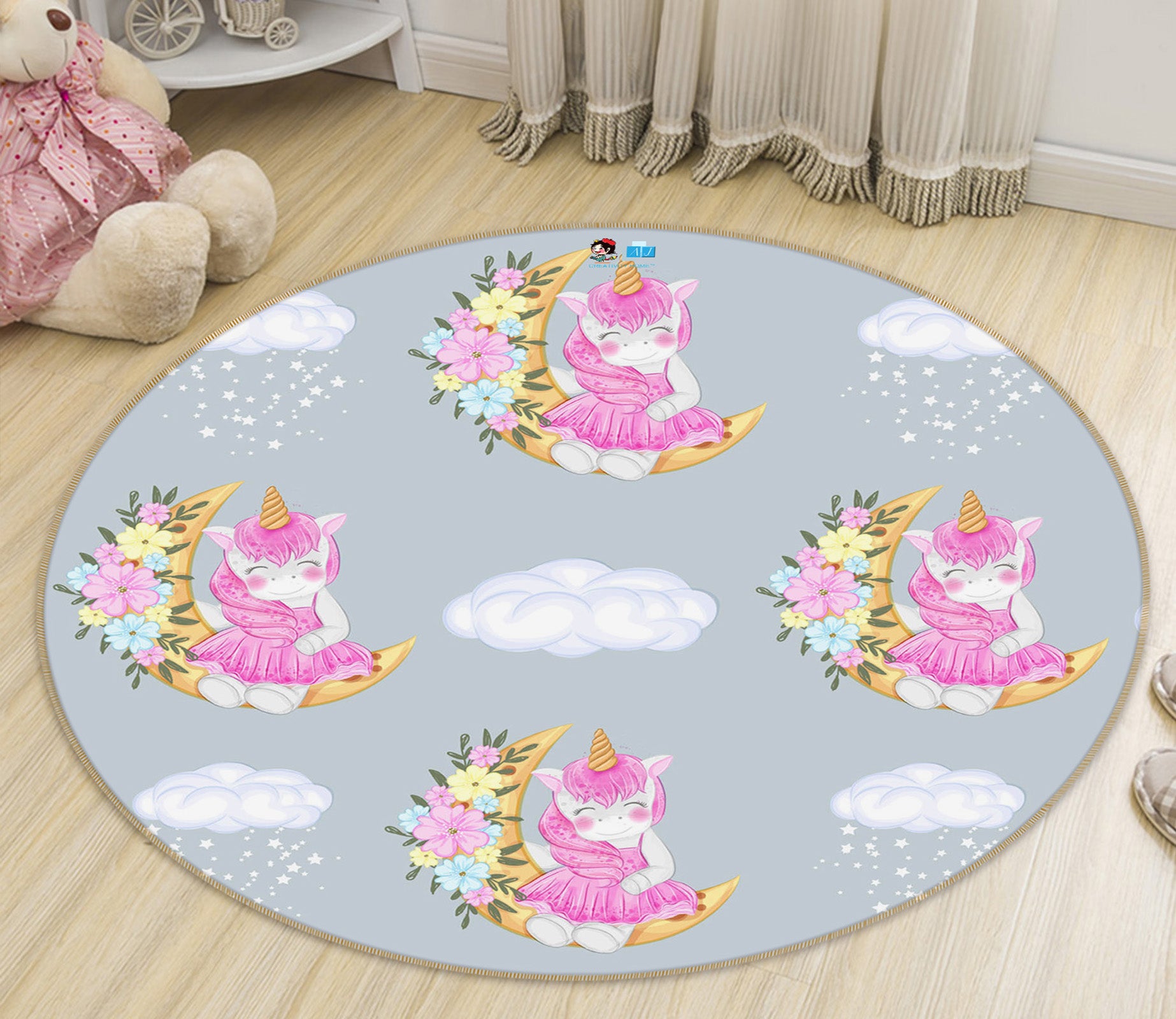 3D Flower Moon Unicorn 75078 Round Non Slip Rug Mat