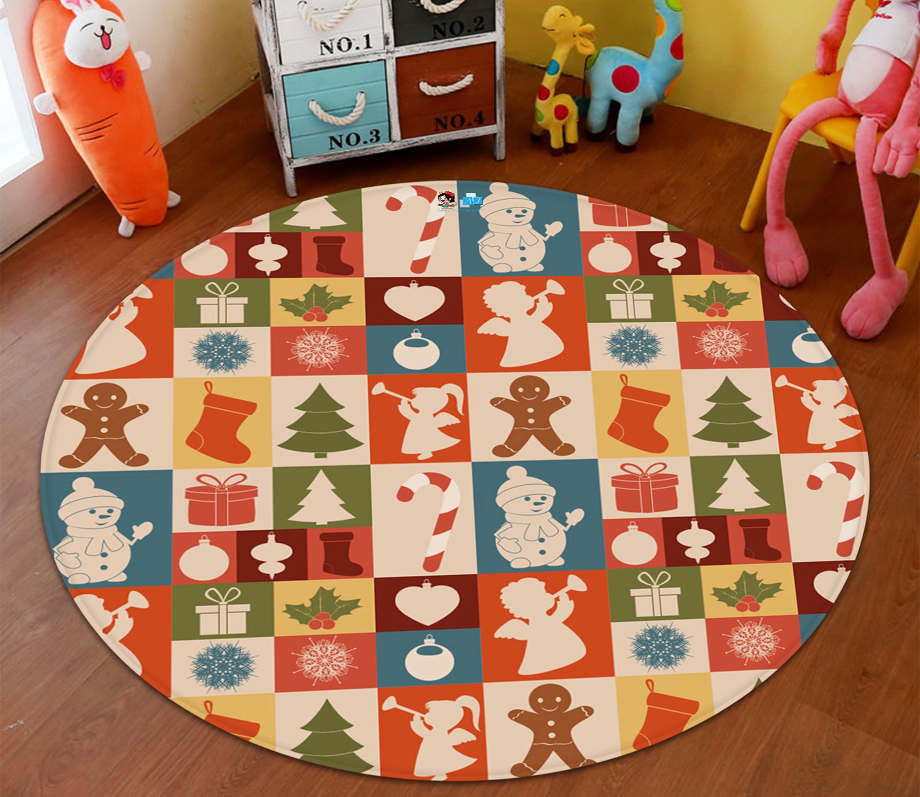 3D Tree Snowman Color Grid 66008 Christmas Round Non Slip Rug Mat Xmas