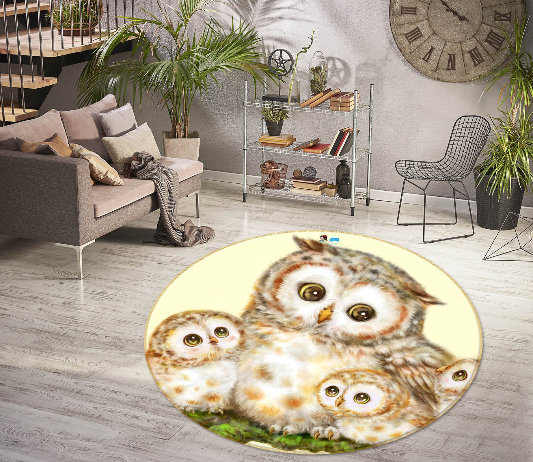 3D Cute Owl Moon 6039 Kayomi Harai Rug Round Non Slip Rug Mat