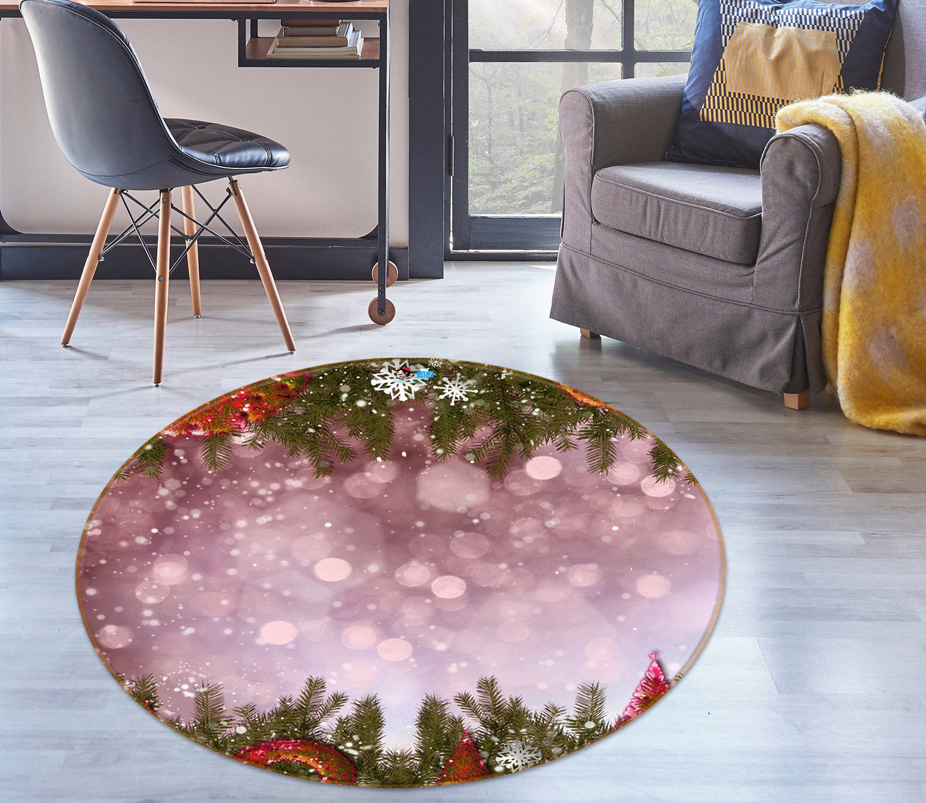 3D Branch Snowflake Light Shadow 54155 Christmas Round Non Slip Rug Mat Xmas