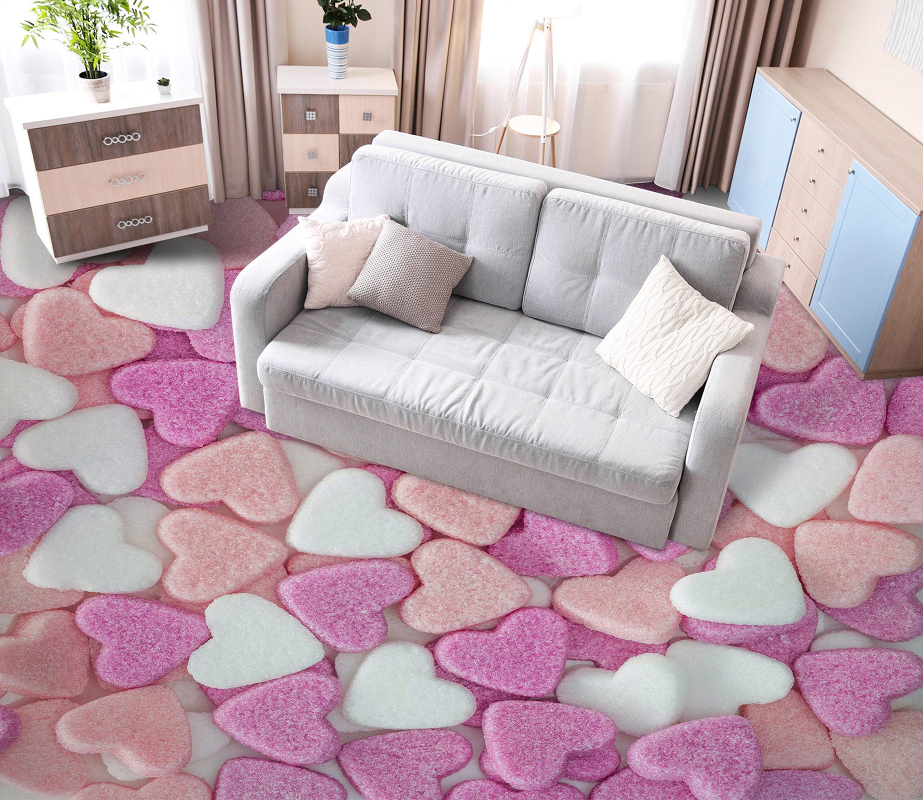 3D Pink White Heart 9870 Assaf Frank Floor Mural