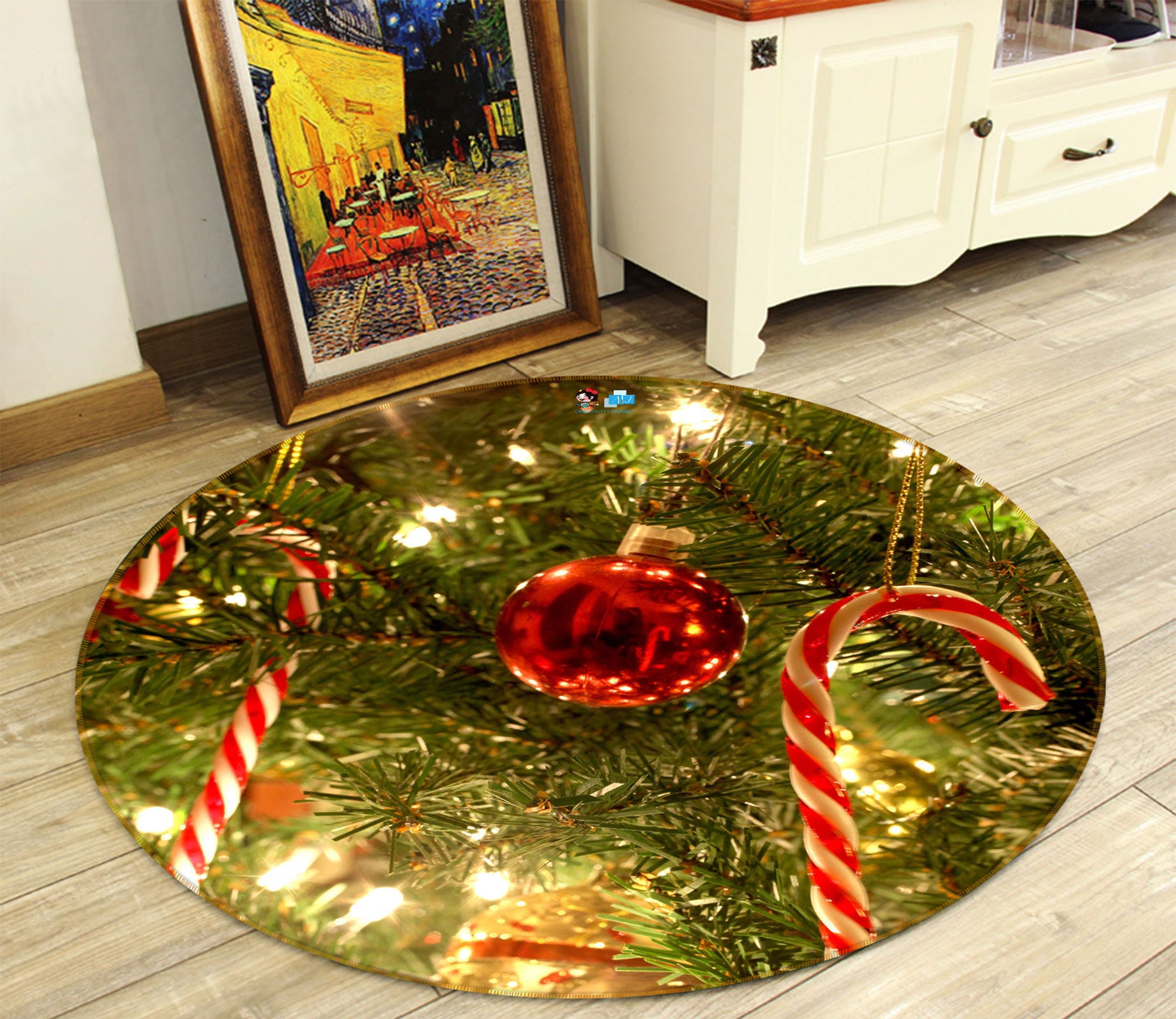 3D Red Ball Candy Cane Pendant 54066 Christmas Round Non Slip Rug Mat Xmas