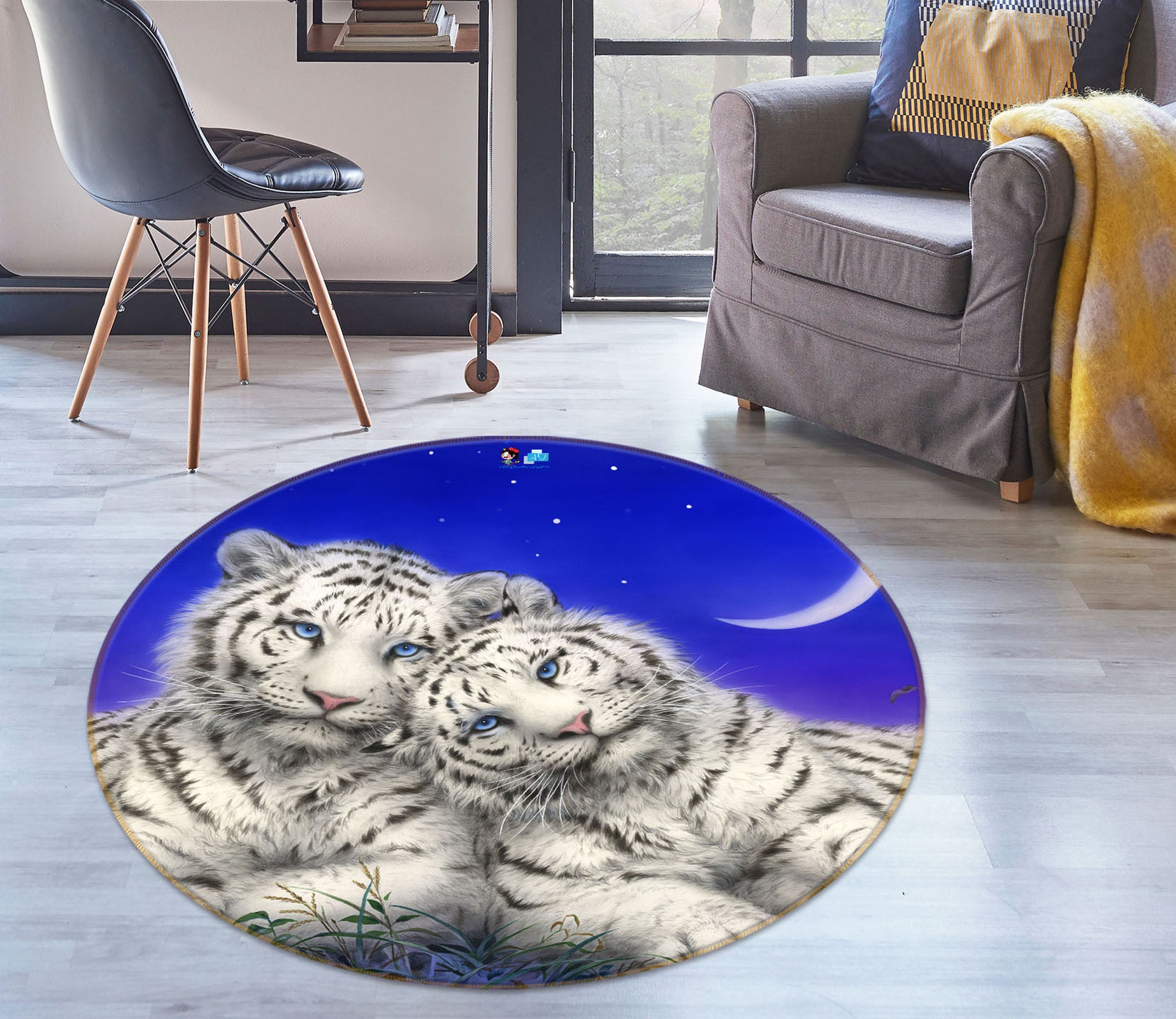 3D White Tiger Moon 6063 Kayomi Harai Rug Round Non Slip Rug Mat