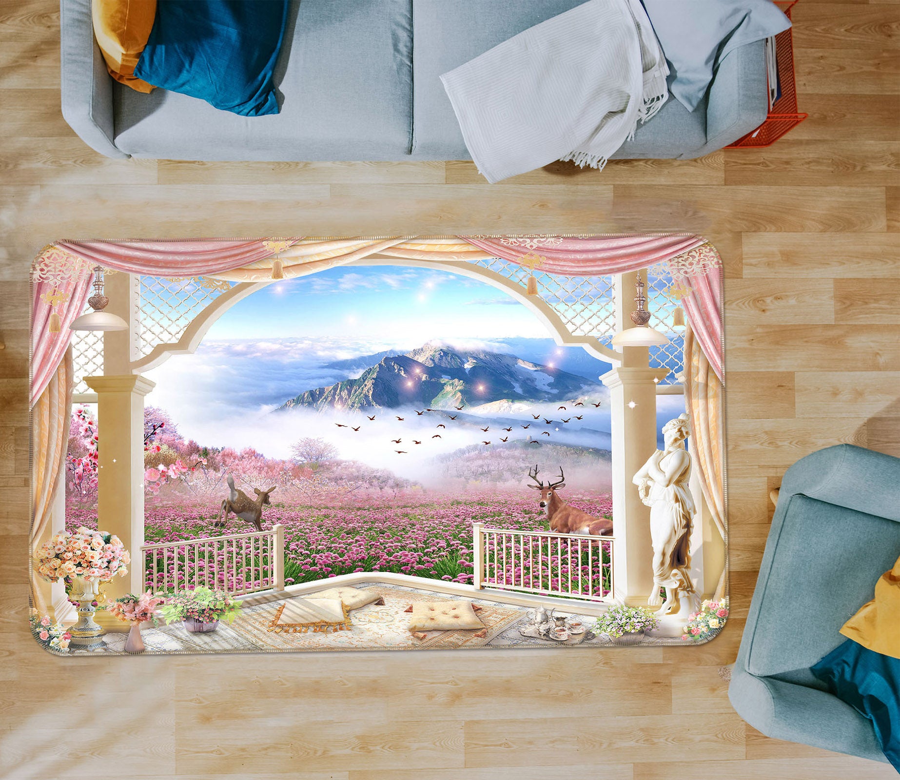 3D Flower Bush Mountain Deer 65146 Non Slip Rug Mat