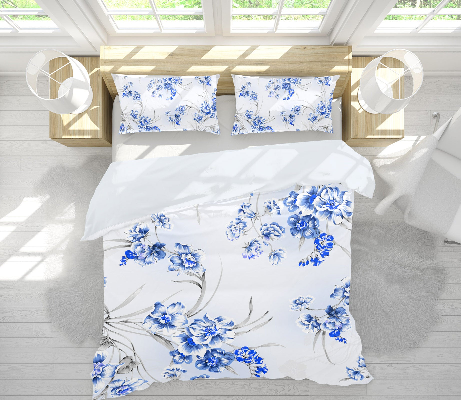 3D Blue Flowers 13094 Bed Pillowcases Quilt