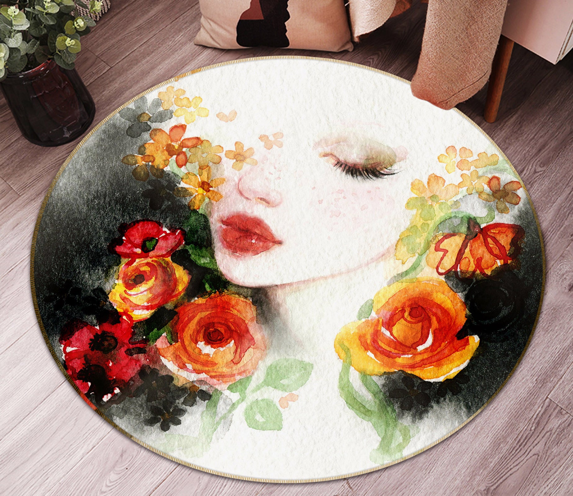 3D Beautiful Girl Flowers 37033 Round Non Slip Rug Mat