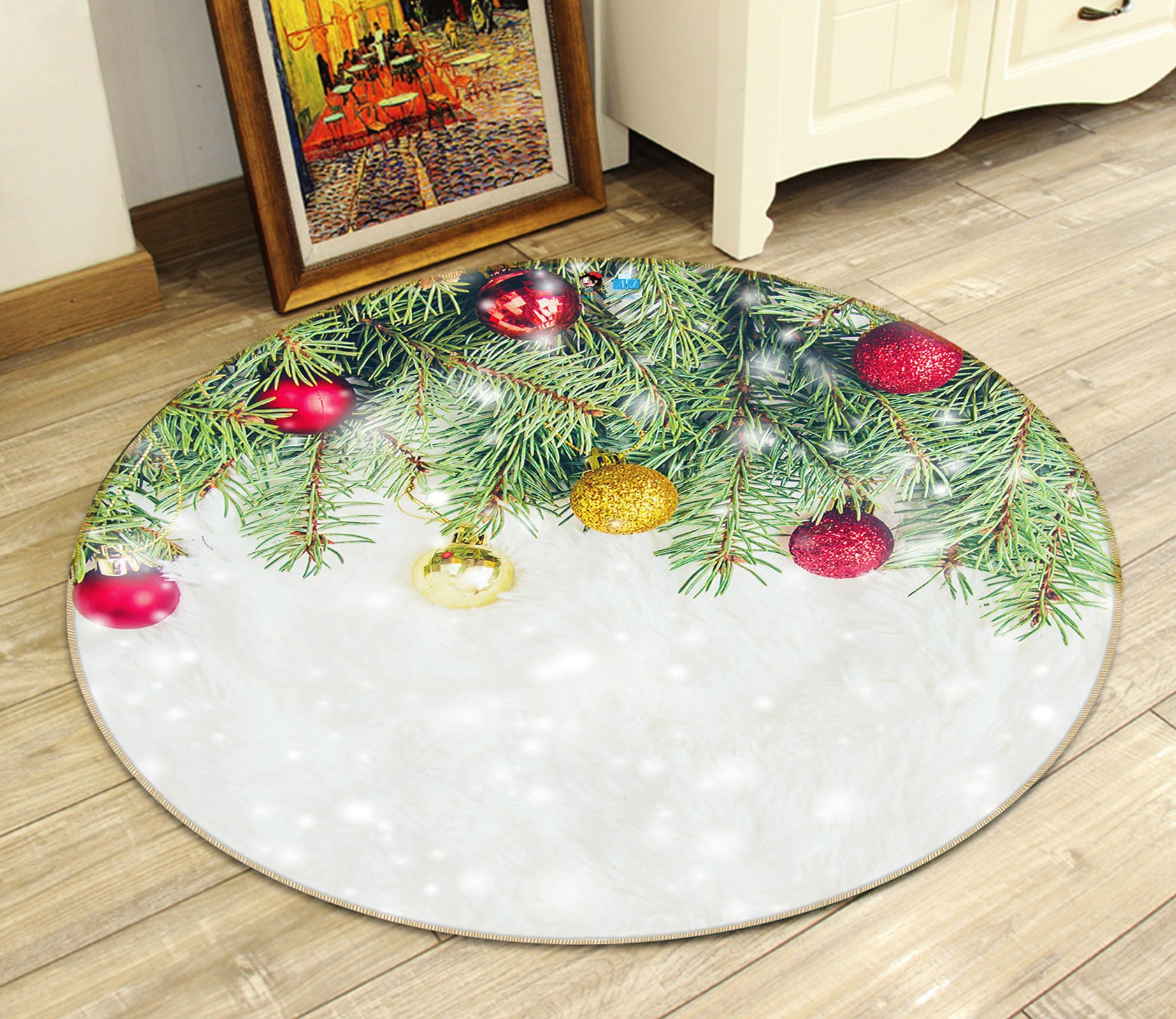3D Branch Red Yellow Ball 54175 Christmas Round Non Slip Rug Mat Xmas