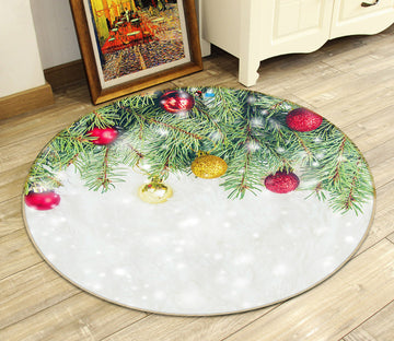 3D Branch Red Yellow Ball 54175 Christmas Round Non Slip Rug Mat Xmas
