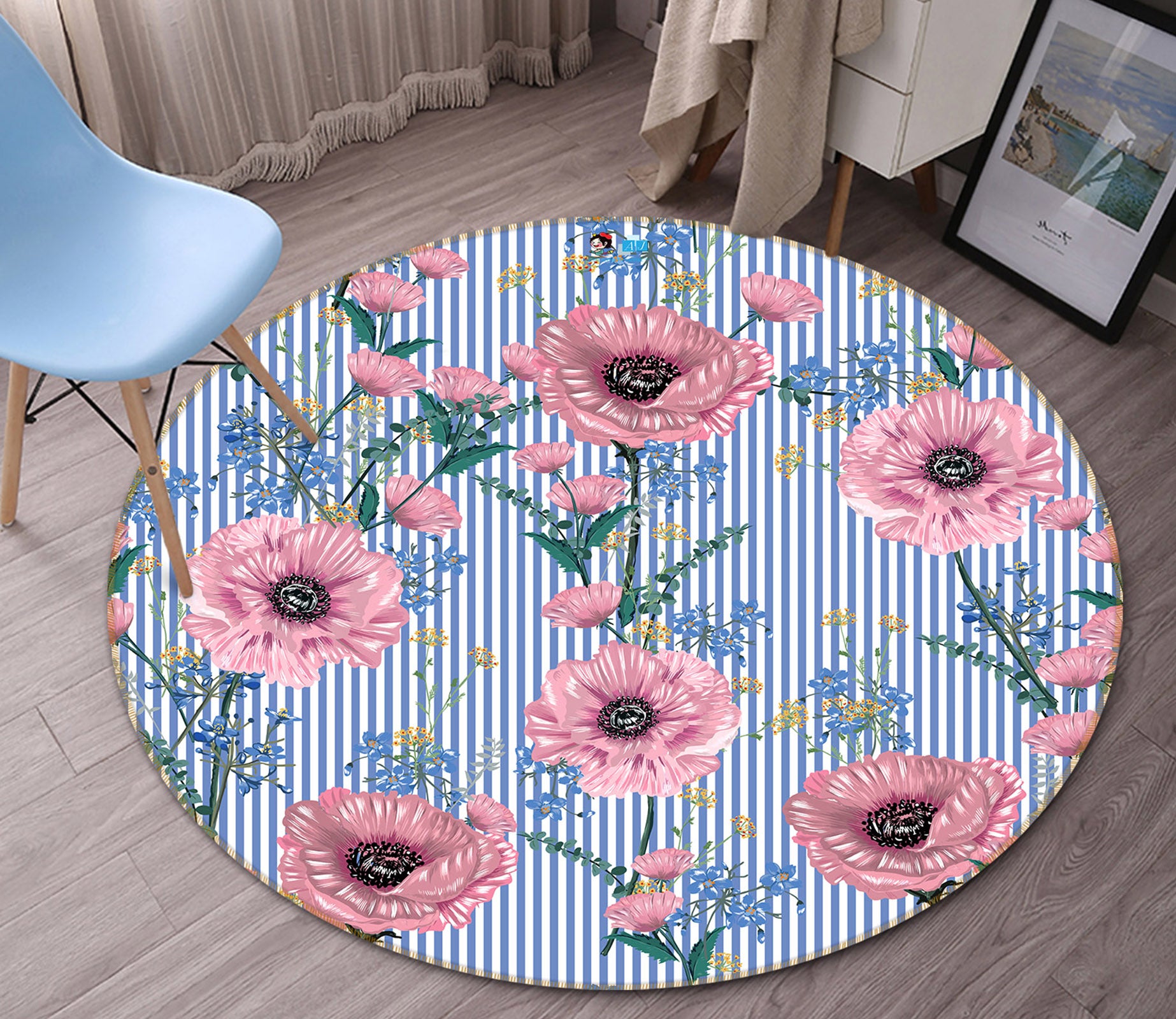 3D Pink Flowers 81068 Round Non Slip Rug Mat