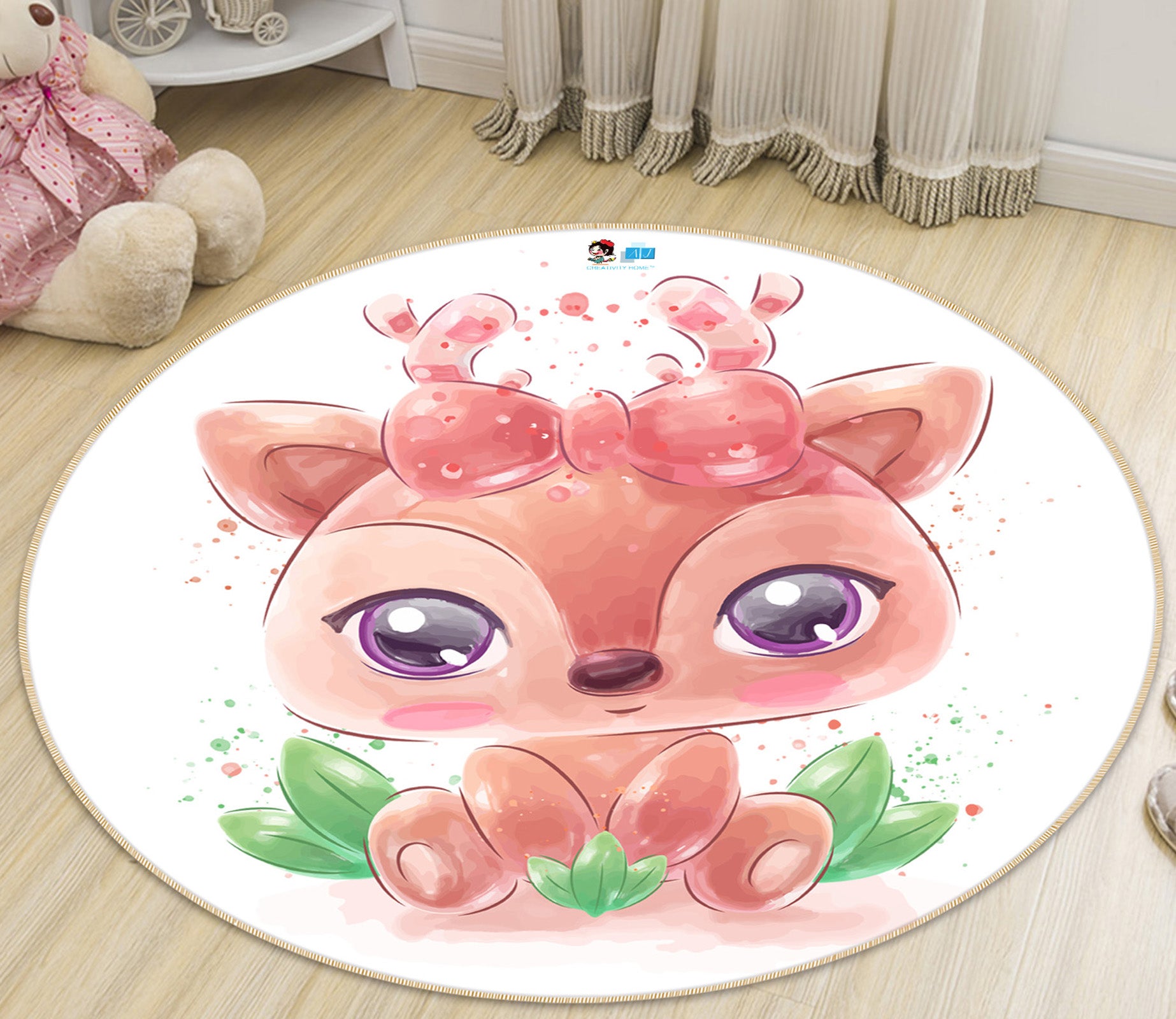 3D Cute Cartoon Deer 74288 Round Non Slip Rug Mat