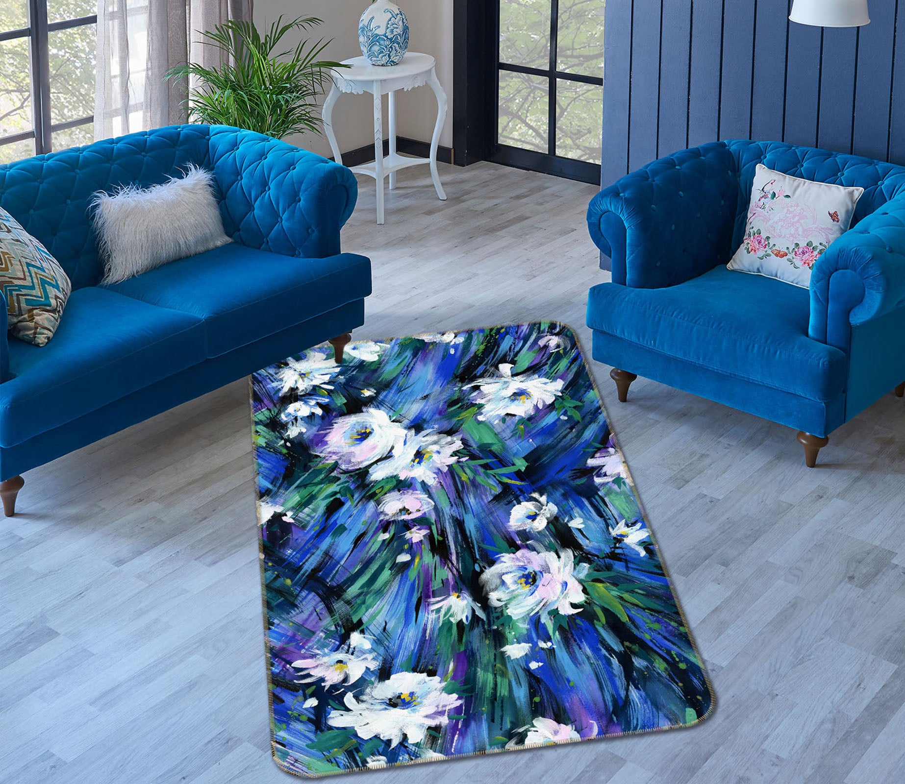 3D Blue Flowers 26191 Non Slip Rug Mat