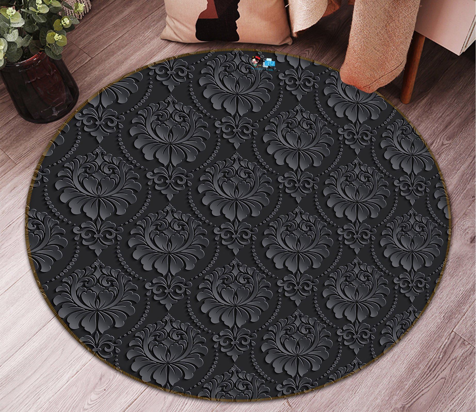 3D Black Flower Pattern 94 Round Non Slip Rug Mat Mat AJ Creativity Home 