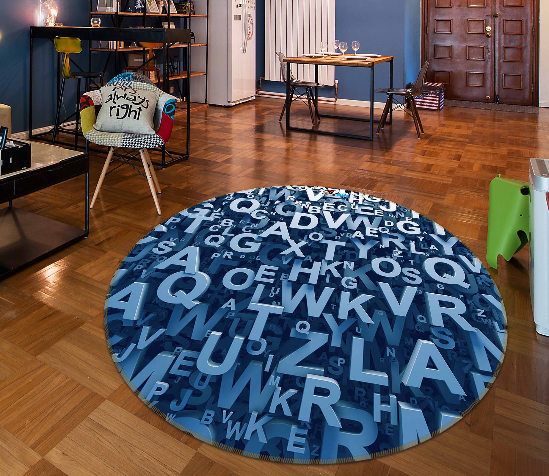 3D Blue Letters 72084 Round Non Slip Rug Mat