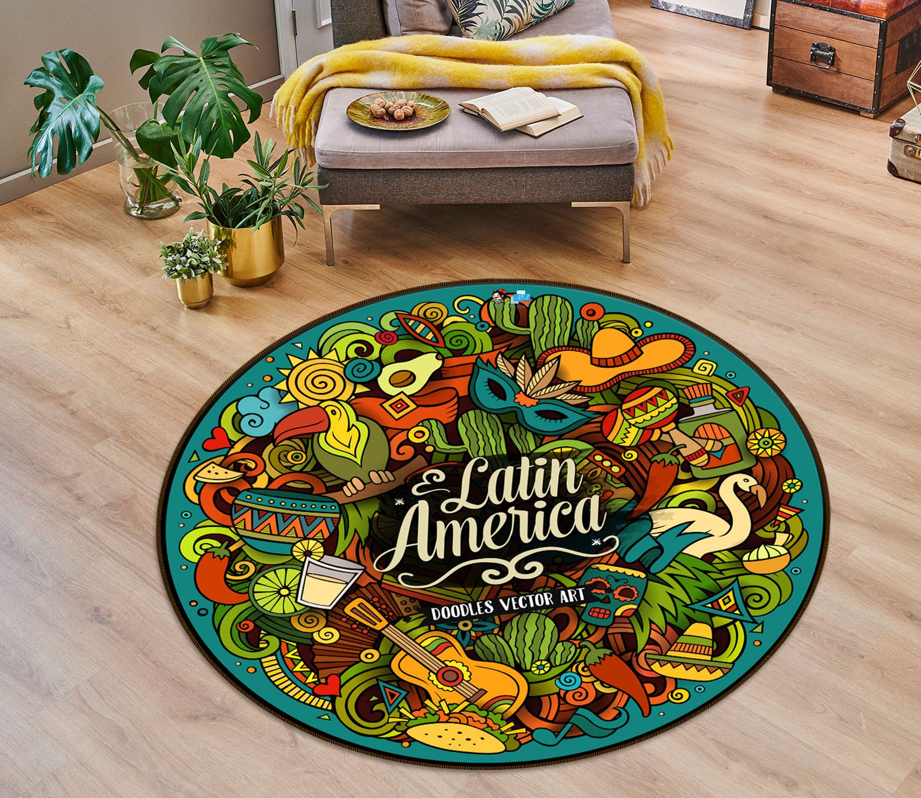3D Guitar Green Plant Pattern 75003 Round Non Slip Rug Mat