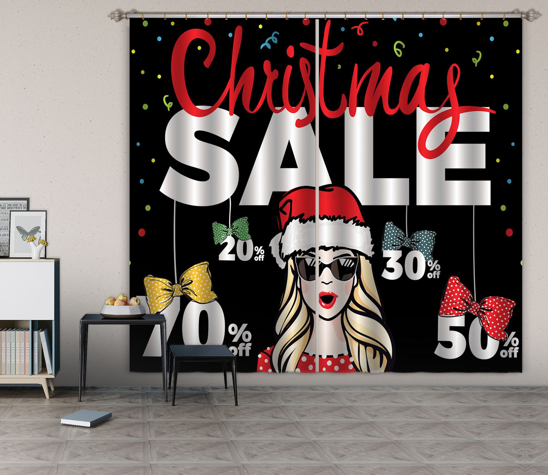 3D Christmas Hat Woman 038 Curtains Drapes