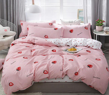 3D Pink Vertical Stripes Strawberry 12158 Bed Pillowcases Quilt