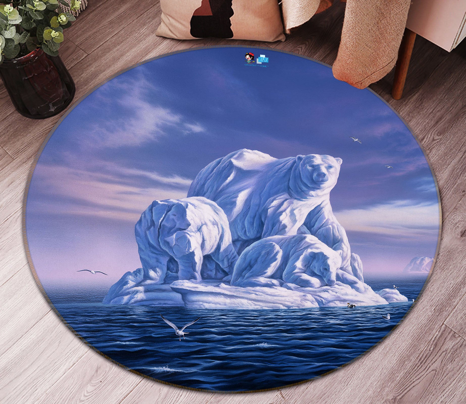 3D Polar Bear Snow Sculpture 83135 Jerry LoFaro Rug Round Non Slip Rug Mat