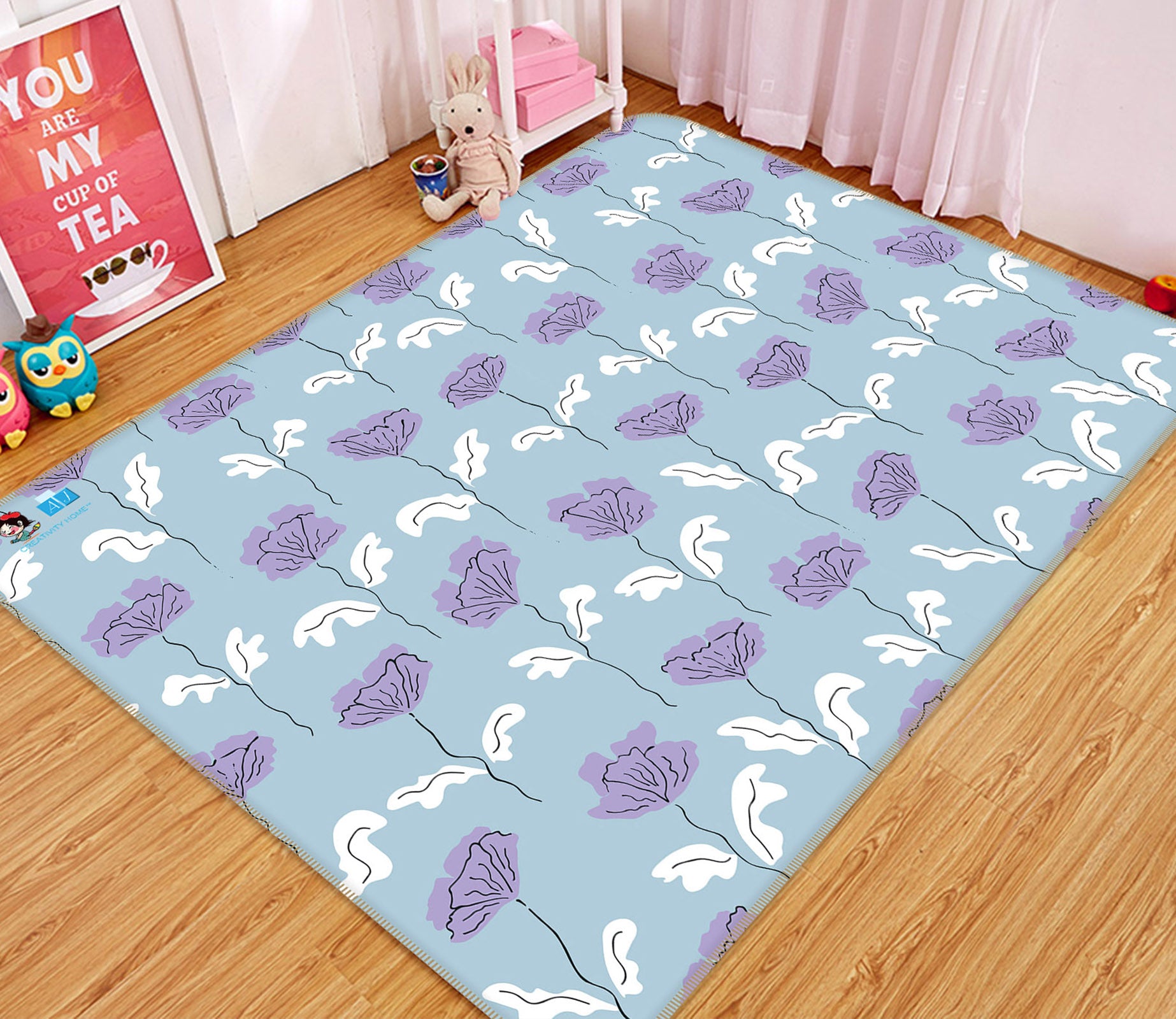 3D Purple Flowers 107112 Kashmira Jayaprakash Rug Non Slip Rug Mat