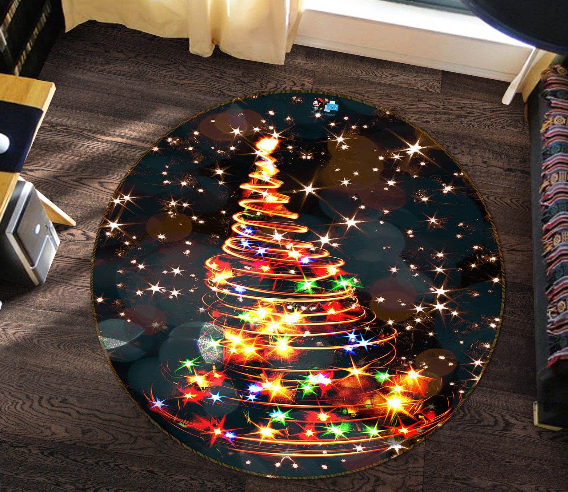 3D Colored Lights Tree 54179 Christmas Round Non Slip Rug Mat Xmas