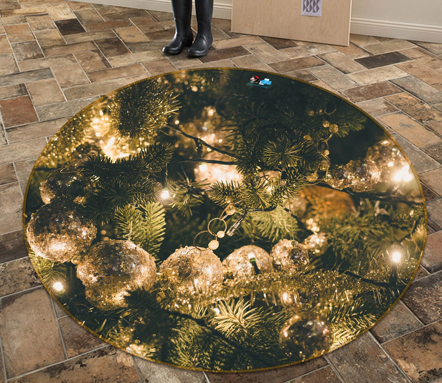 3D Tree Silver Ball 54148 Christmas Round Non Slip Rug Mat Xmas