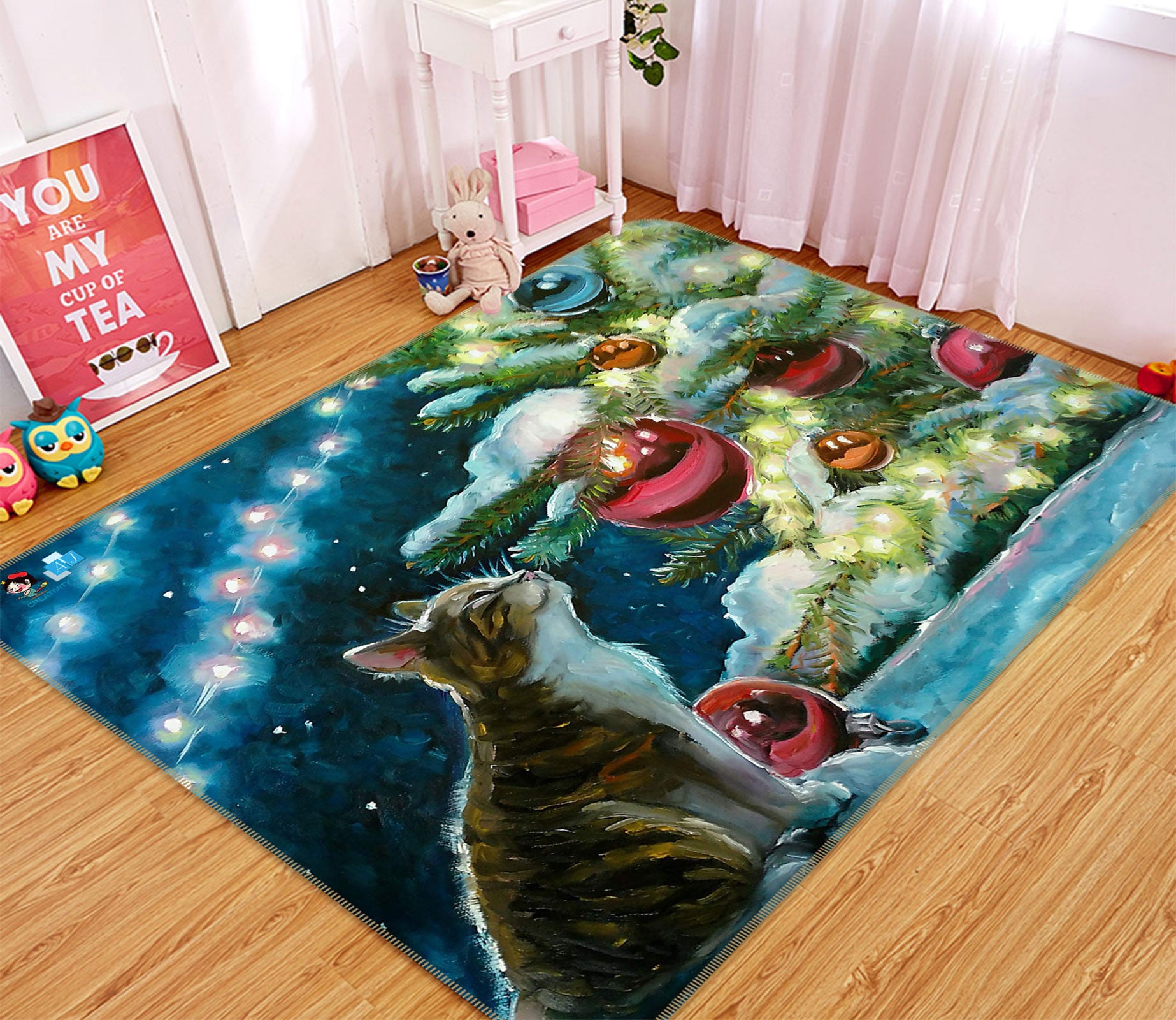 3D Cat Tree Red Ball 55005 Christmas Non Slip Rug Mat Xmas
