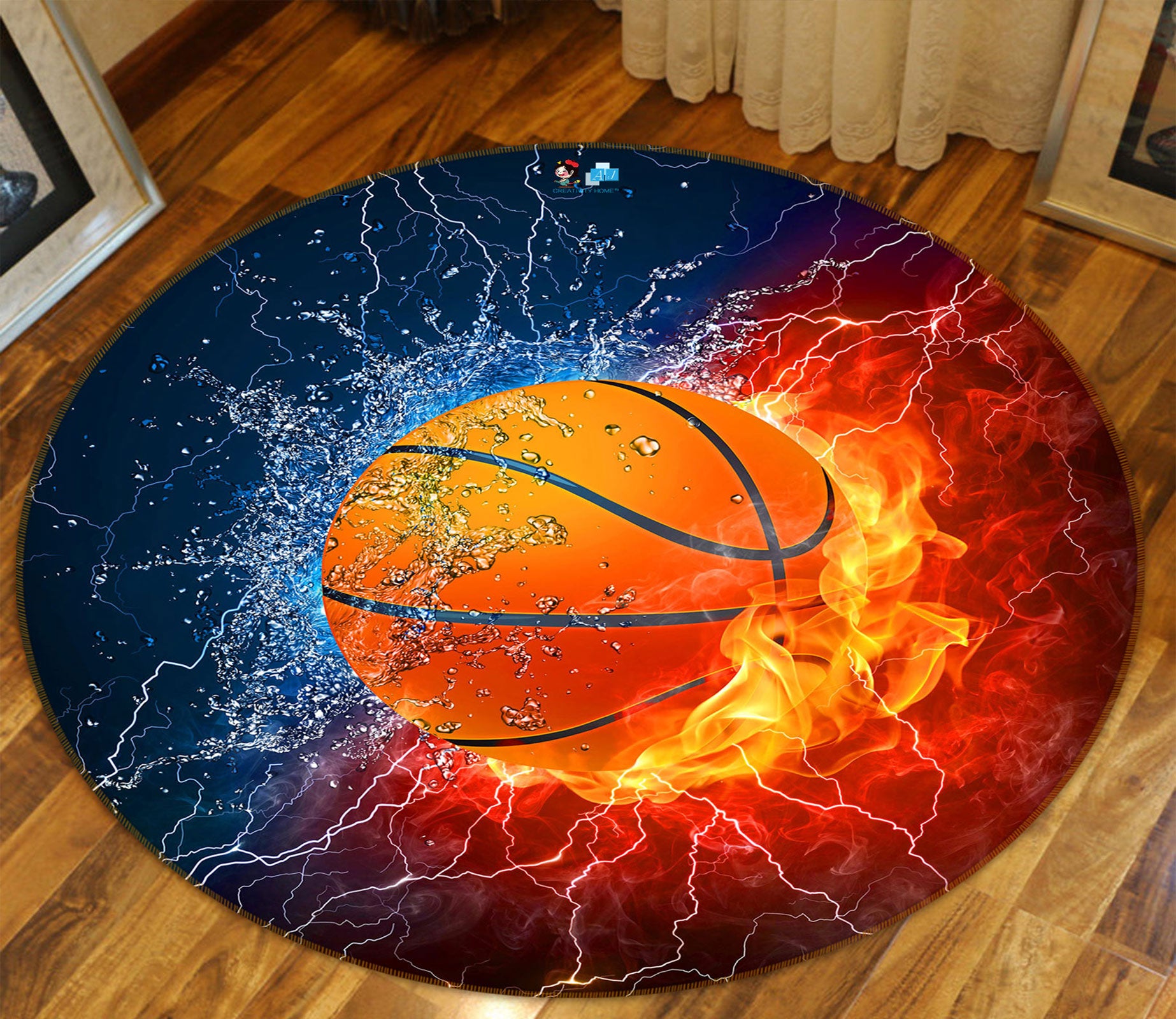 3D Ice Fire Basketball 72244 Round Non Slip Rug Mat