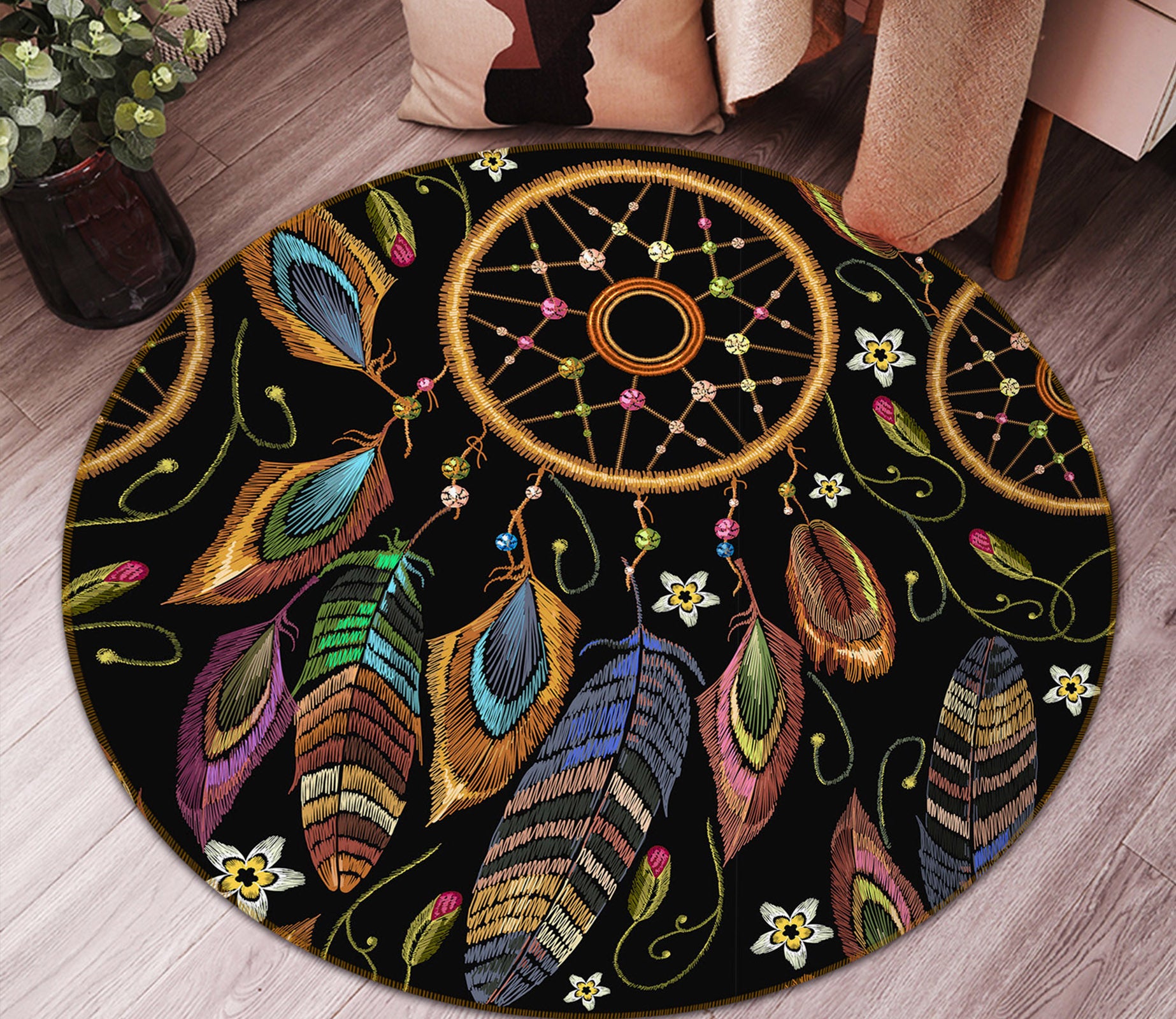 3D Dream Catcher Black 29019 Round Non Slip Rug Mat