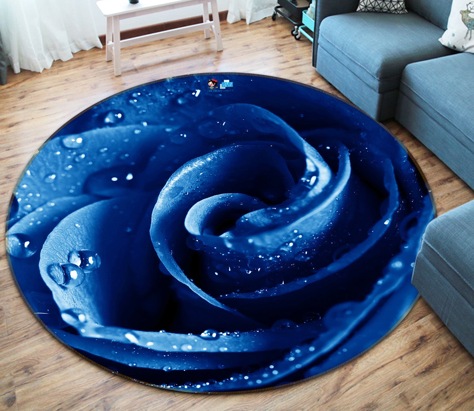3D Blue Rose 72063 Round Non Slip Rug Mat