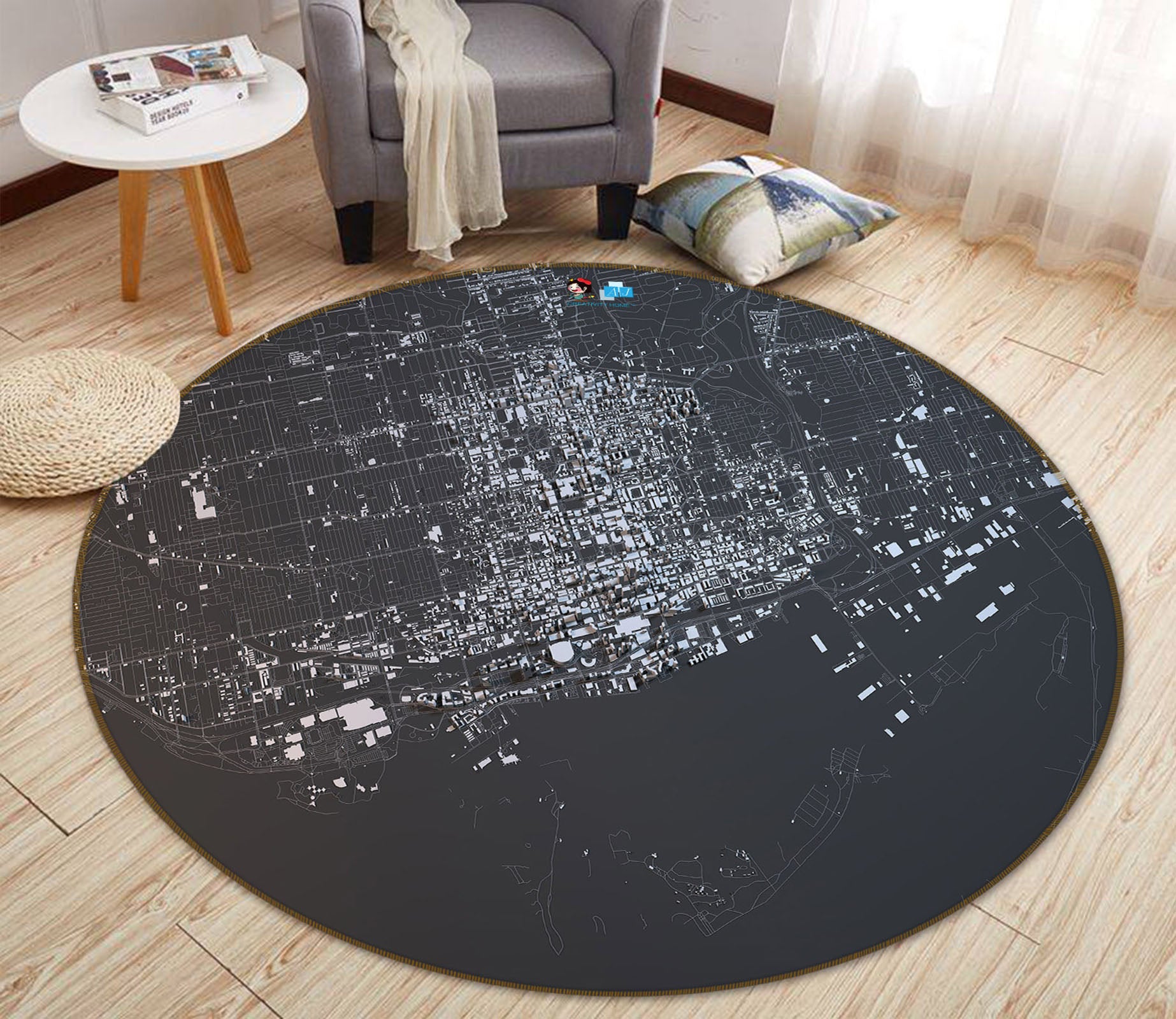 3D Black White Map 73030 Round Non Slip Rug Mat