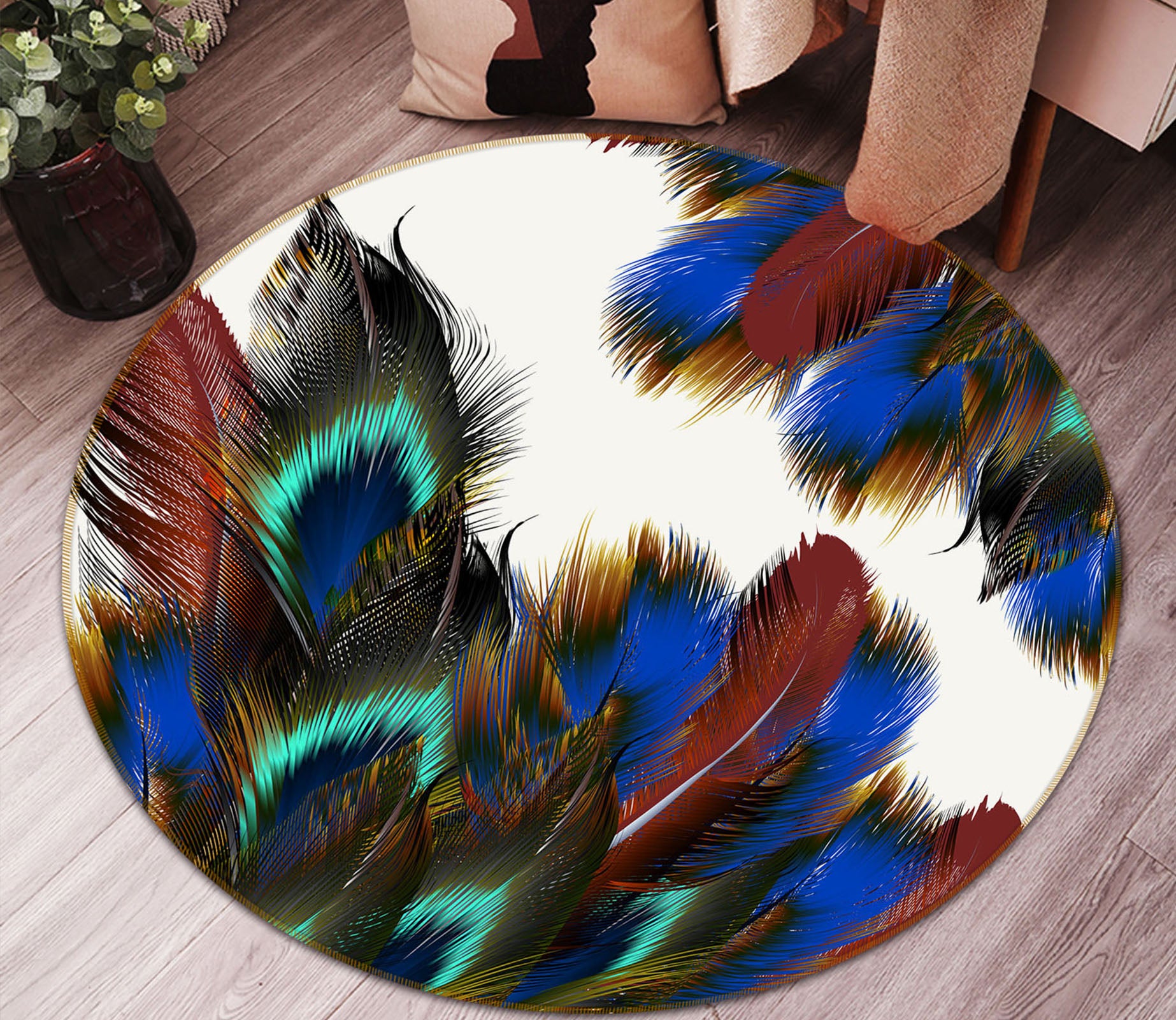 3D Feather 29013 Round Non Slip Rug Mat