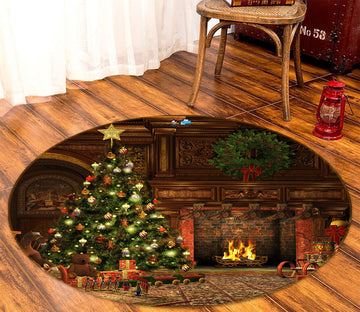 3D Tree Fire 54013 Christmas Round Non Slip Rug Mat Xmas