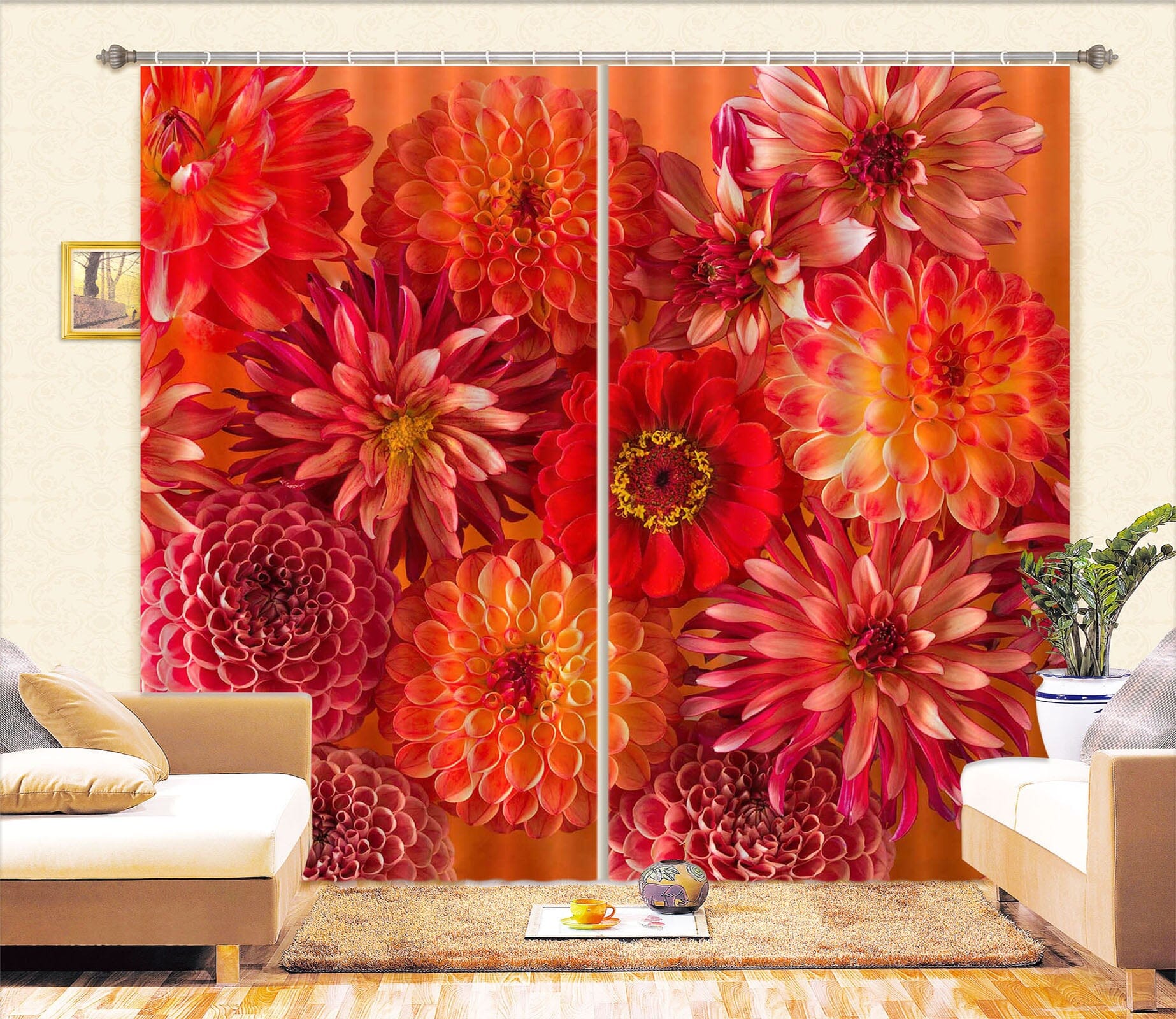3D Red Chrysanthemum 226 Assaf Frank Curtain Curtains Drapes Curtains AJ Creativity Home 