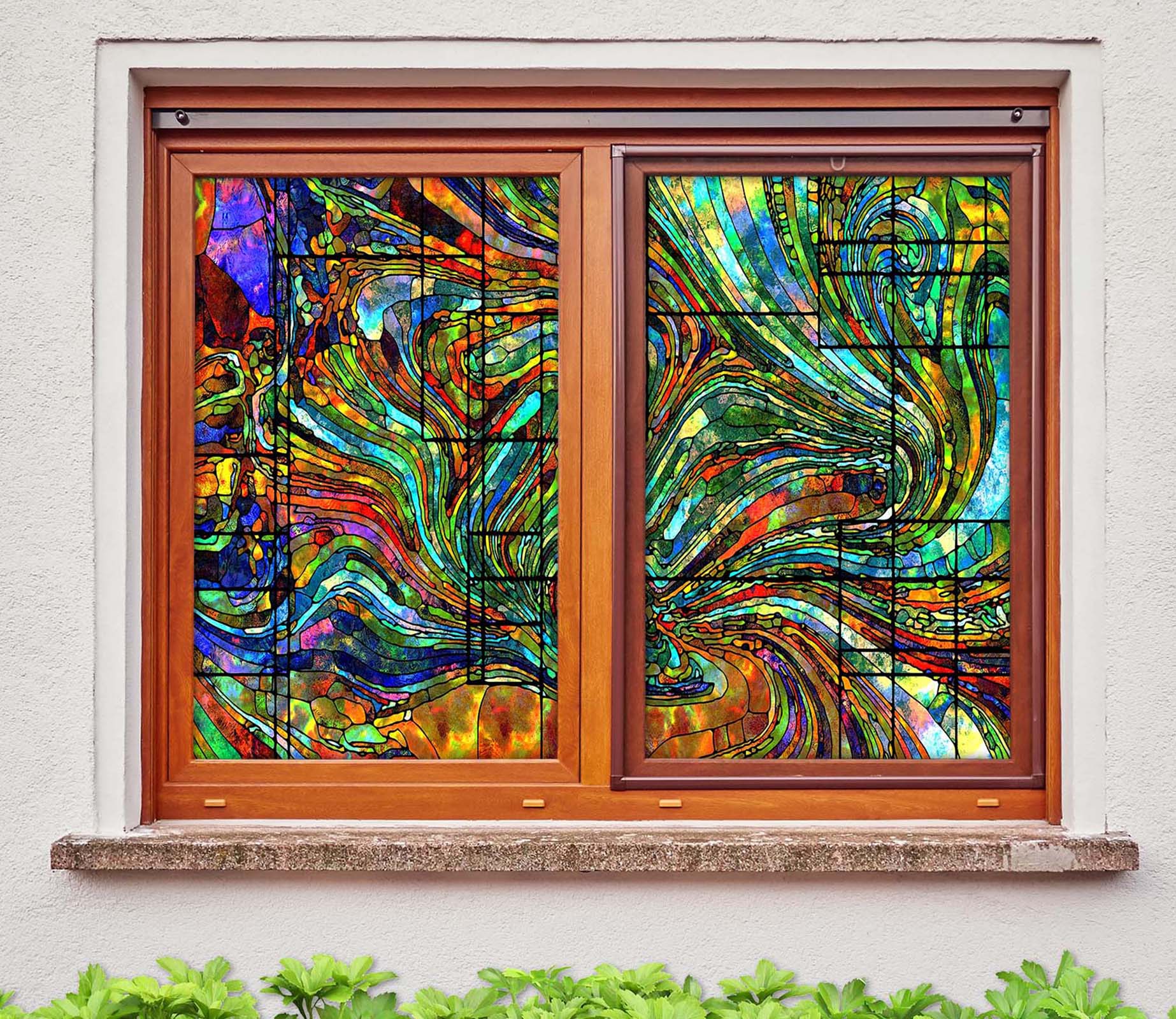 3D Green Turbulence 043 Window Film Print Sticker Cling Stained Glass UV Block