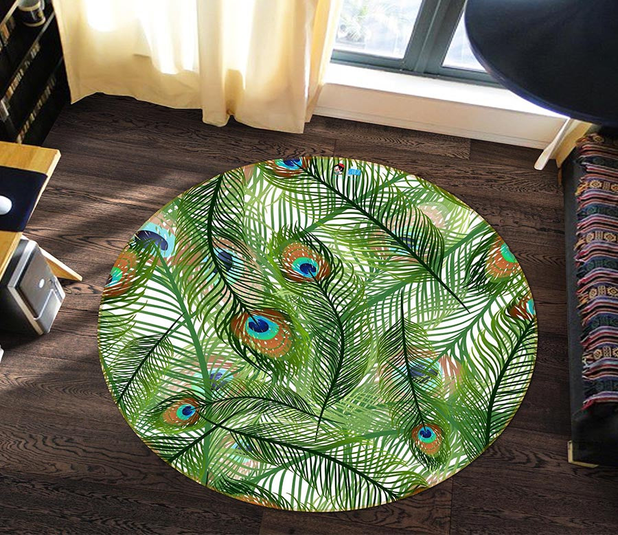3D Peacock Feather 64106 Round Non Slip Rug Mat
